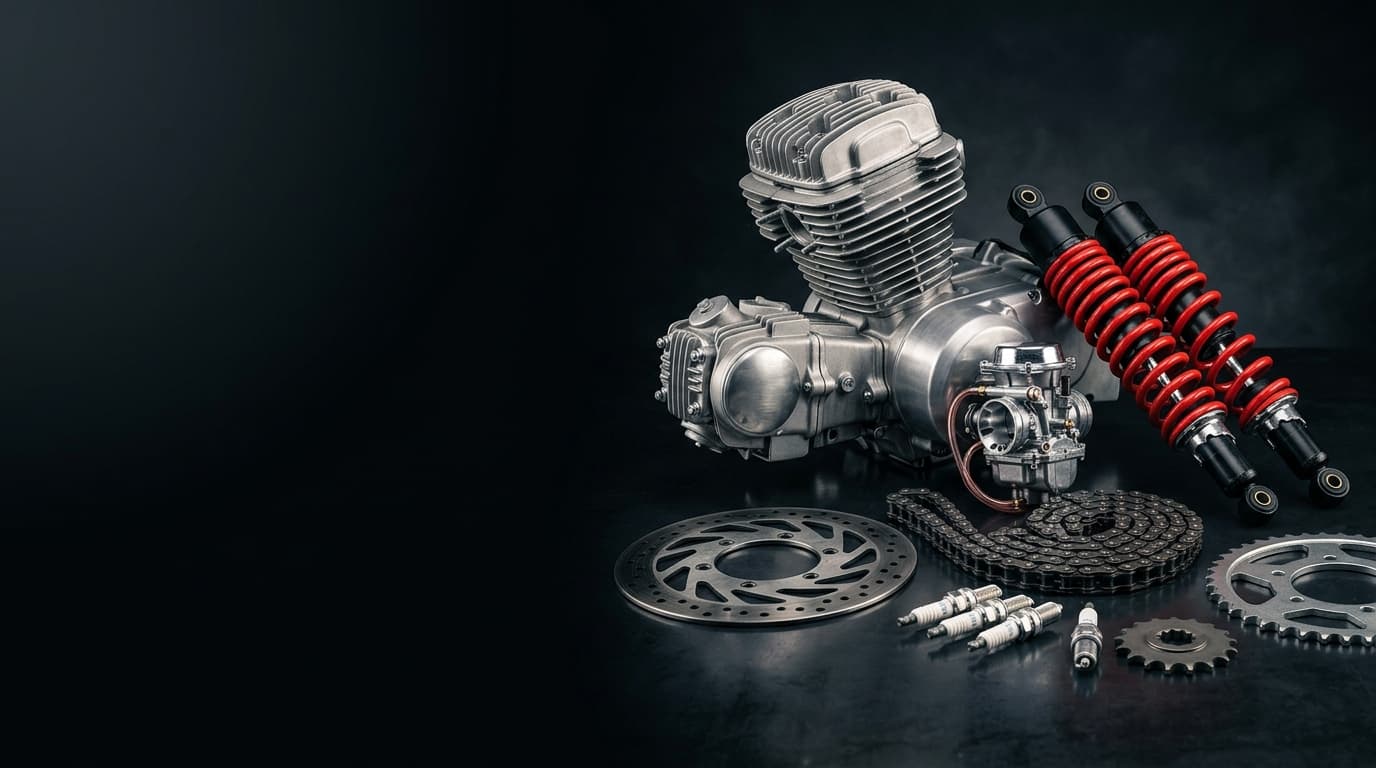 Motorcycle Engine Block, Red Suspension Shocks, Carburetor and Sprocket