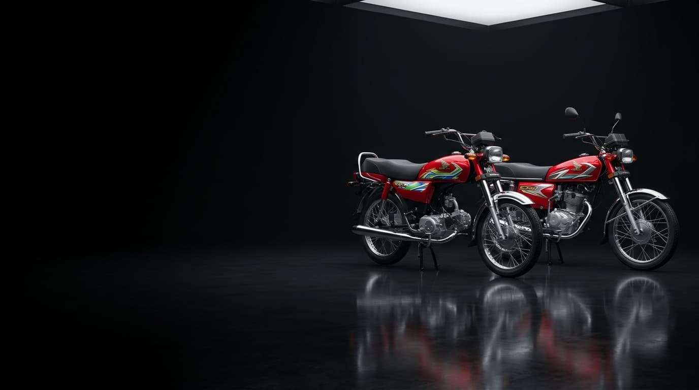 Pakistani Red Honda CD 70 and CG 125 Motorcycles Standing Together